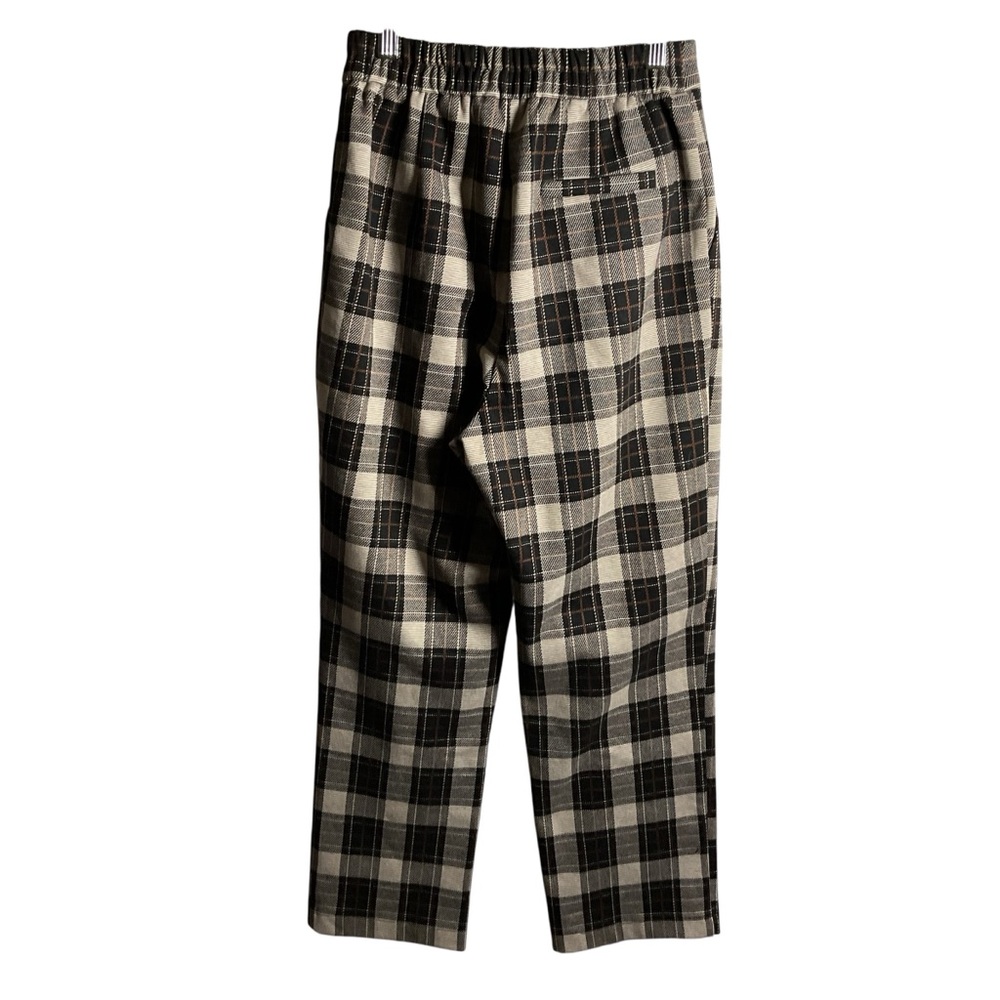 Womens Plaid Pants Trousers Black Cream Pockets Comfy Elastic High Waist - Picture 3 of 4